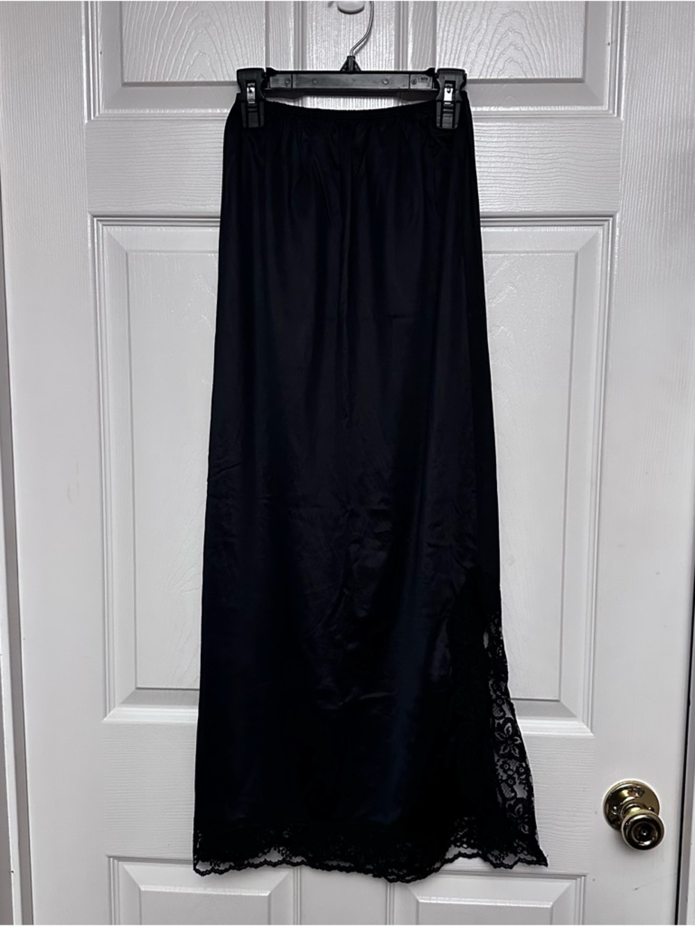 Vintage 70s/80s Women's Long Nylon Half Slip Skirt Black Lace Trim Side Slit